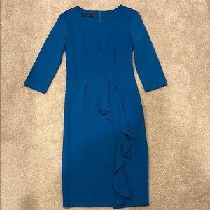 Homeyee Blue Midi Sheath Dress with Ruffled Detail and 3/4 Sleeves
